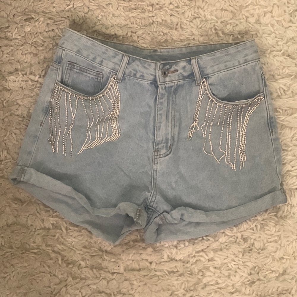 Light Blue Rhinestone Fringe Jean Shorts